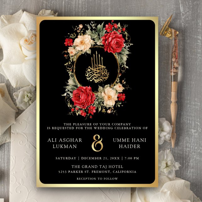 Convite Rosas Vermelhas Flores de Marfim Ouro Negro Casame (Criador carregado)
