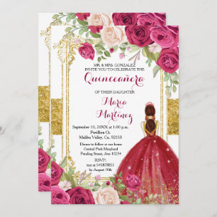 Convite rosas vermelhas Flores Douradas Quinceanera Convit