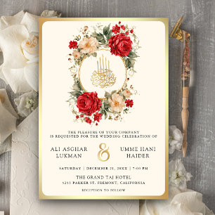 Convite Rosas Vermelhas Flores Marfim Creme Dourado Casame