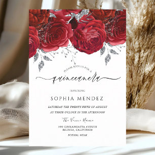 Convite Rosas Vermelhas Folha de Prata Quinceanera
