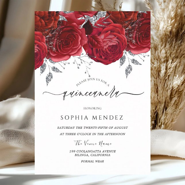 Convite Rosas Vermelhas Folha de Prata Quinceanera (Criador carregado)