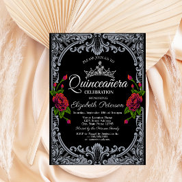 Convite Rosas vermelhas Góticas Black Stripes Quinceañera