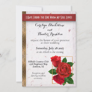 Convite Rosas vermelhas lindas e casamento metálico-dourad