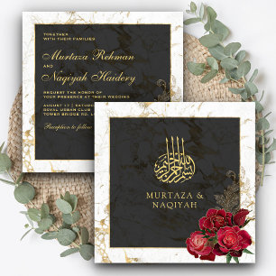 Convite Rosas Vermelhas Mármore Ouro Preto Casamento Islâm