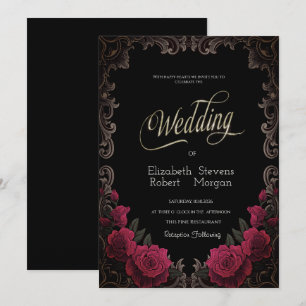 Convite Rosas Vermelhas Moldura Vintage Casamento Gótico