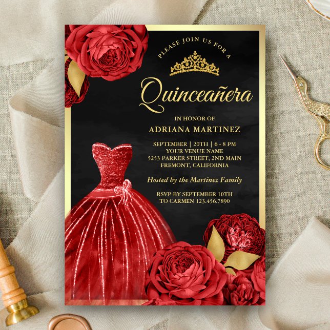 Convite Rosas vermelhas Negras Douradas Quinceanera (Criador carregado)