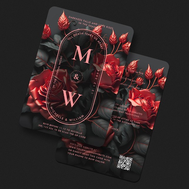 Convite Rosas vermelhas Negras Elegantes de Casamento Góti (Gothic Wedding Elegant Black Red Roses Boho Luxe Invitation
)