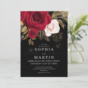 Convite Rosas Vermelhas & Ouro Elegante Floral Escuro Casa