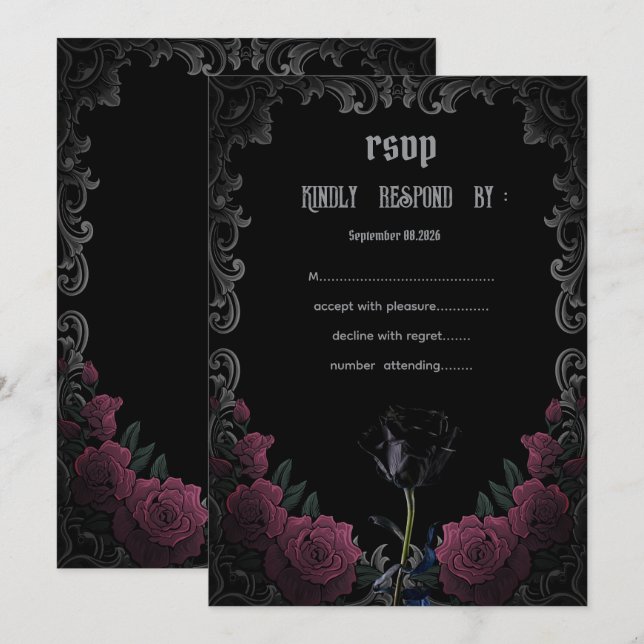 Convite Rosas Vermelhas Pretas Góticas RSVP (Frente/Verso)