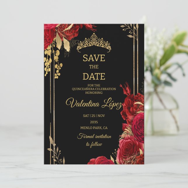 Convite Rosas Vermelhas Pretas Quinceañera Salve a Data (Em pé/Frente)