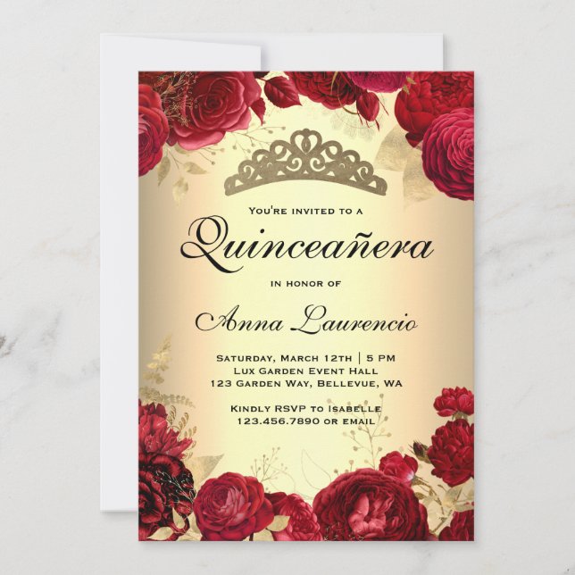 Convite Rosas Vermelhas Quinceanera Dourada (Frente)