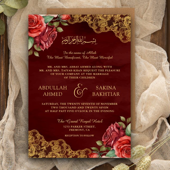 Convite Rosas Vermelhas Renda Dourada Código QR Casamento  (Criador carregado)