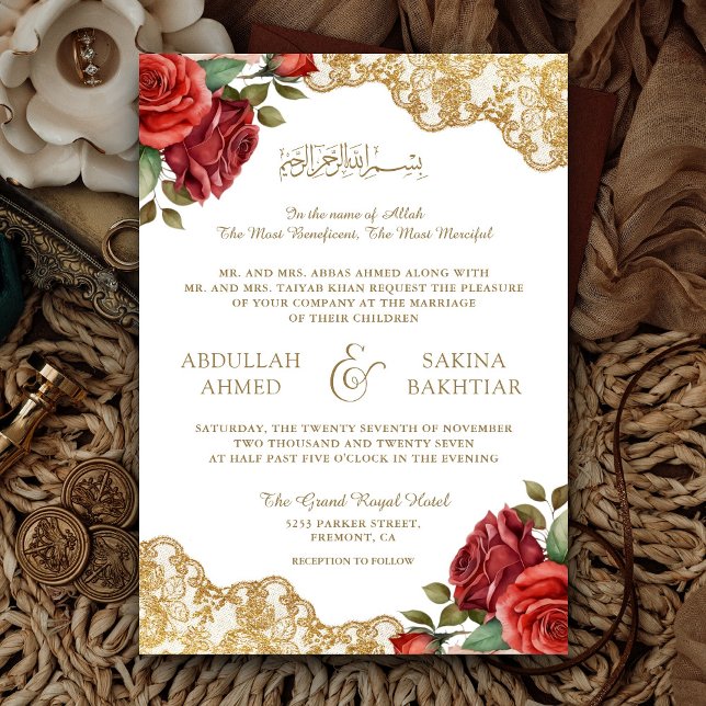 Convite Rosas Vermelhas Renda Dourada Código QR Casamento  (Criador carregado)