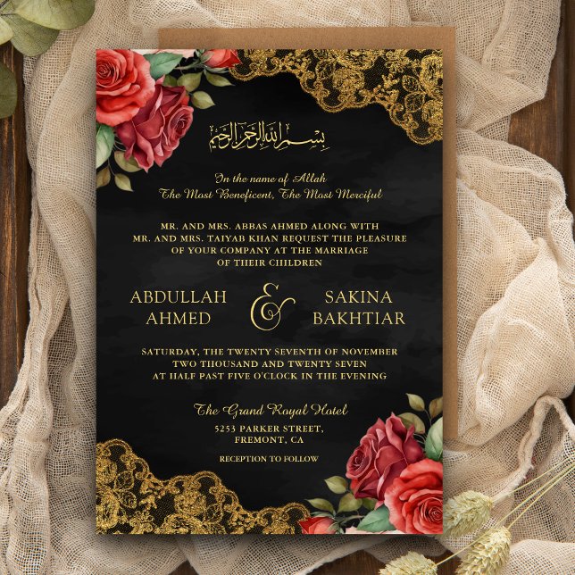 Convite Rosas Vermelhas Renda Dourada Código QR Casamento  (Criador carregado)