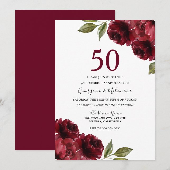 Convite Rosas Vermelhas Românticas 50º Aniversário de Casa (Frente/Verso)