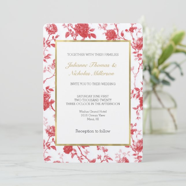 Convite Rosas Vermelhas Românticas Casamento Floral (Em pé/Frente)