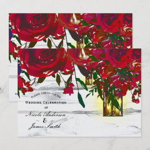 Convite Rosas Vermelhas Românticas em Aquarela & Casamento