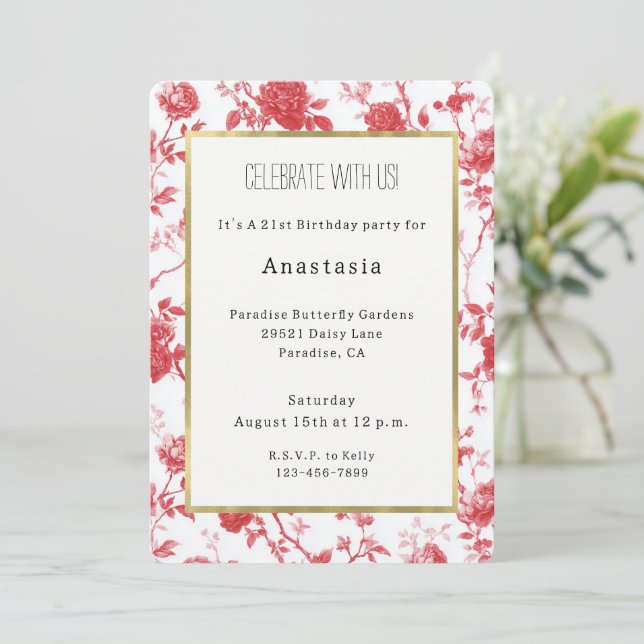 Convite Rosas Vermelhas Românticas Florais Aniversário (Em pé/Frente)