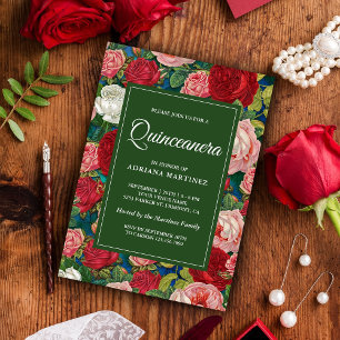 Convite Rosas vermelhas Românticas Vintage Quinceanera Fl