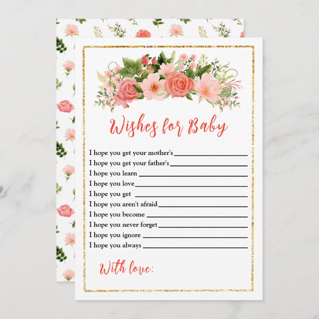 Convite Rosas vermelhas Rosa Coral Chá de fraldas Desejos  (Frente/Verso)