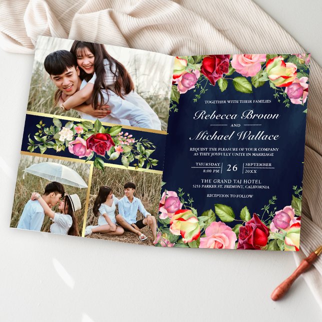 Convite Rosas Vermelhas Rosa Romântico Código QR Casamento (Criador carregado)