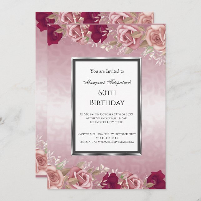 Convite Rosas Vermelhas Rosadas Festa de Aniversário Rosa (Frente/Verso)