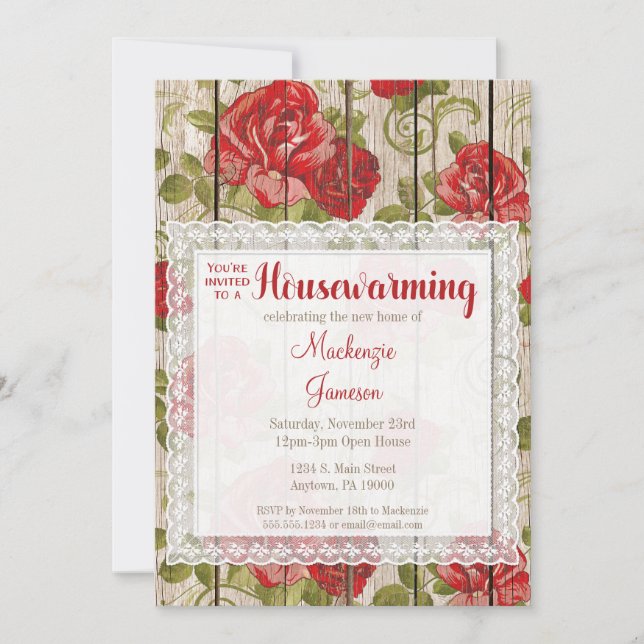 Convite Rosas vermelhas Rustic Invitation Lace Wood (Frente)