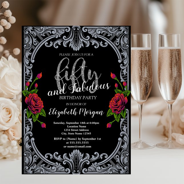 Convite Rosas vermelhas,Stripes Gótico 50º Aniversário (Criador carregado)