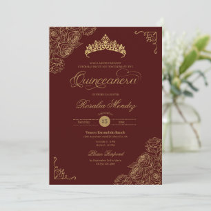 Convite Rosas vermelhos e Dourados Elegante Quinceañera