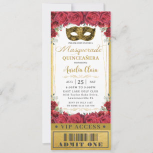 Convite Rosas vermelhos Quinceañera Mascarada VIP Ticket