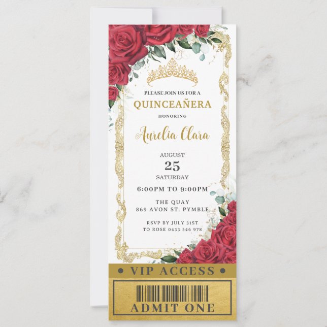 Convite Rosas vermelhos Quinceañera Sweet 16 VIP Ticket (Frente)