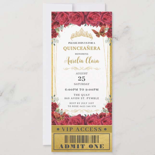 Convite Rosas vermelhos Quinceañera Sweet 16 VIP Ticket (Frente)