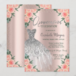 Convite Rosas,Vestido,Flores,Rosa Dourado Quinceañera