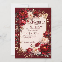 Convite Rosas vinho quadro dourado Casamento elegante I