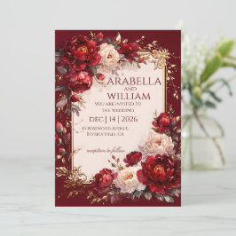 Convite Rosas vinho quadro dourado Casamento elegante I