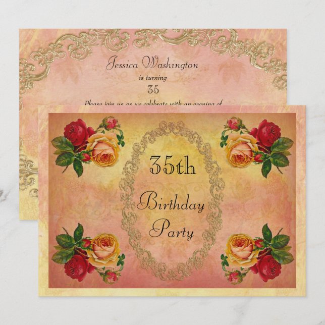 Convite Rosas Vintage Chic 35º Aniversário (Frente/Verso)