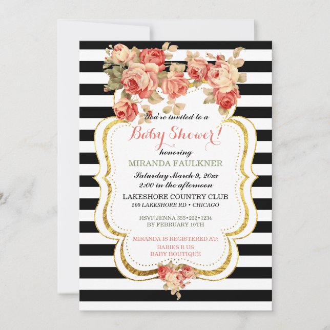 Convite Rosas Vintage Gold Foil Modern Black White (Frente)