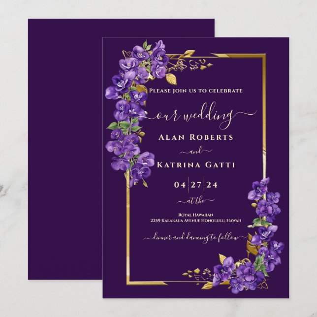 Convite Rosas Violetas Elegantes Casamento Roxo Escuro (Frente/Verso)