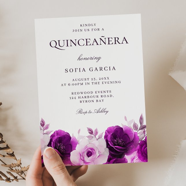 Convite Rosas Violetas Lilases Roxos Quinceanera Floral (Criador carregado)