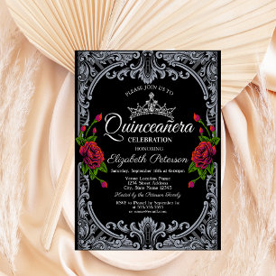 Convite Rosasp vermelhas gótico listras pretas Quinceañera