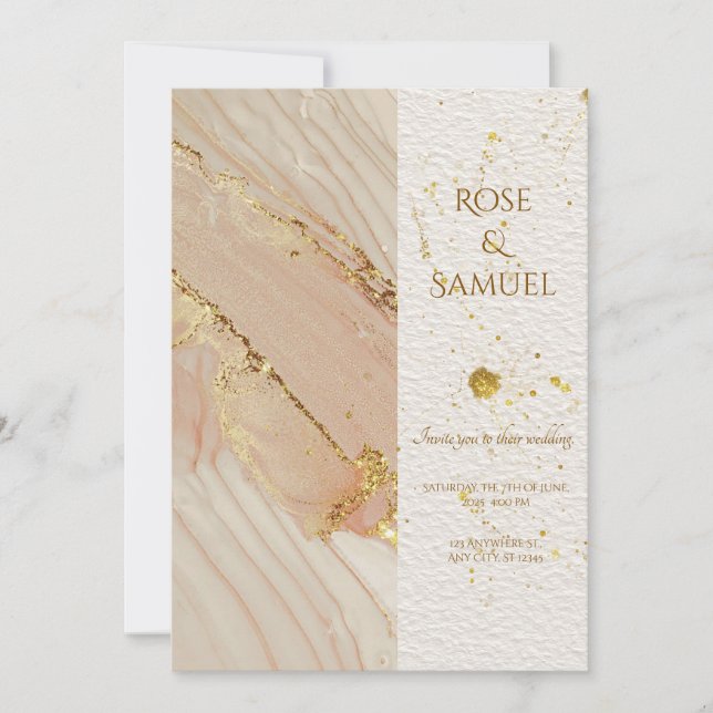 Convite Rose Alcohol Ink Glitter Gold Wedding Invitation (Frente)