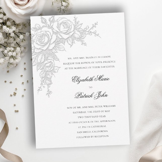 Convite Rose Black White Timeless Formal Classic Wedding (black and white wedding invitation roses theme floral formal traditional modern classic luxury)