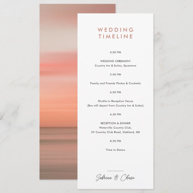 Convite Rose Blush Wedding Itinerary Timeline (Frente/Verso)