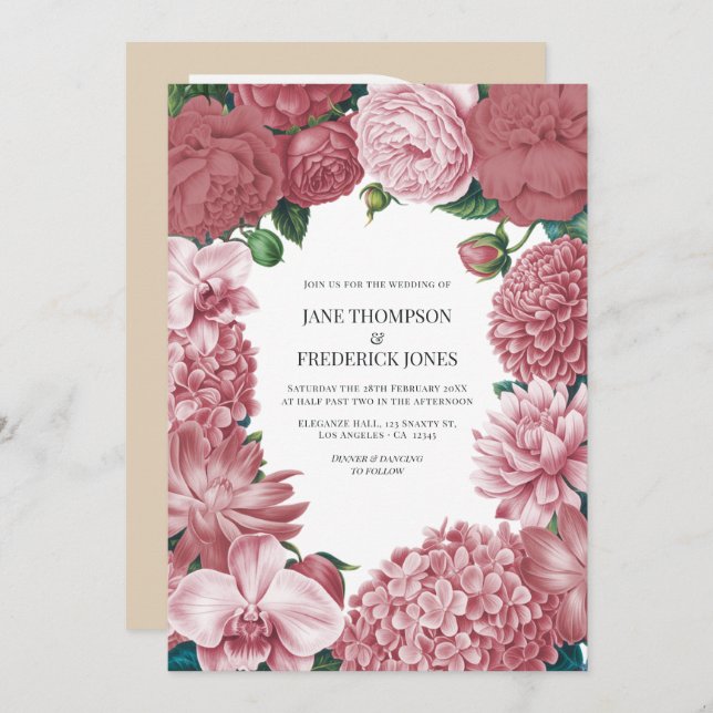 Convite Rosé Clay, Terra Pink & Peony Smoke Floral Wedding (Frente/Verso)