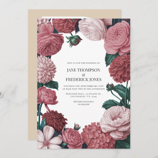 Convite Rosé Clay, Terra Pink & Peony Smoke Floral Wedding (Frente/Verso)