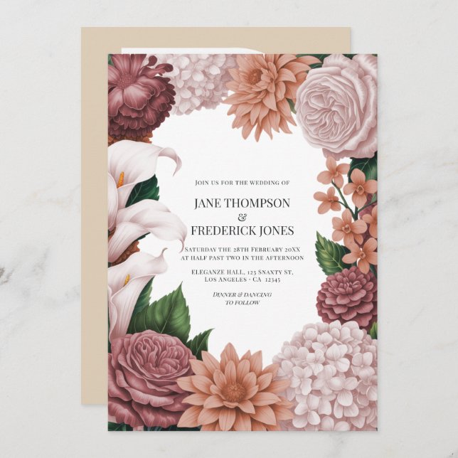 Convite Rosé Clay, Terra Pink & Peony Smoke Floral Wedding (Frente/Verso)