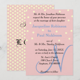 Convite Rose e Azul Monograma Casamento Bolinhas