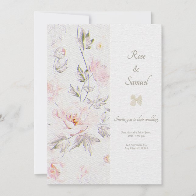 Convite Rose Floral Chic Paper Textured Wedding  (Frente)