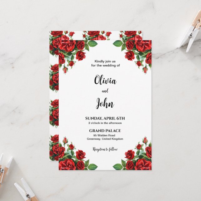 Convite Rose Flower Wedding Invitation Template, Printable (Frente/Verso In Situ)
