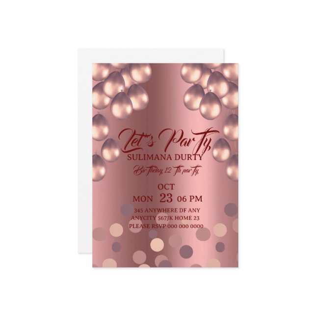 Convite Rose Gold Birthday Invitation Template: Let's Part (Frente/Verso In Situ)